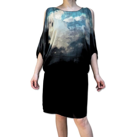 M.S.S.P. Cloud Print Dress Black Skirt Overlay Batwing Sleeves Adjustable Waist - Picture 3 of 7